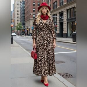 Leopard Print Maxi Dress Animal V-Neck Pleated Bold Statement Trendy Neutral